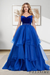 Dressime Unique A Line Off The Shoulder Tulle Velvet Tiered Long Prom Dress dressime