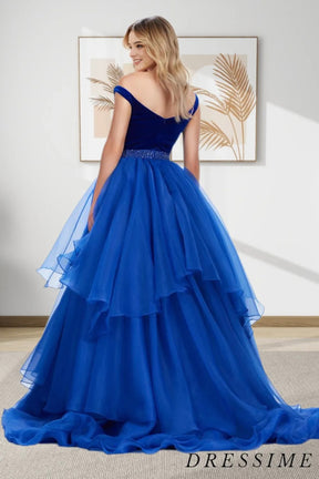 Dressime Unique A Line Off The Shoulder Tulle Velvet Tiered Long Prom Dress dressime