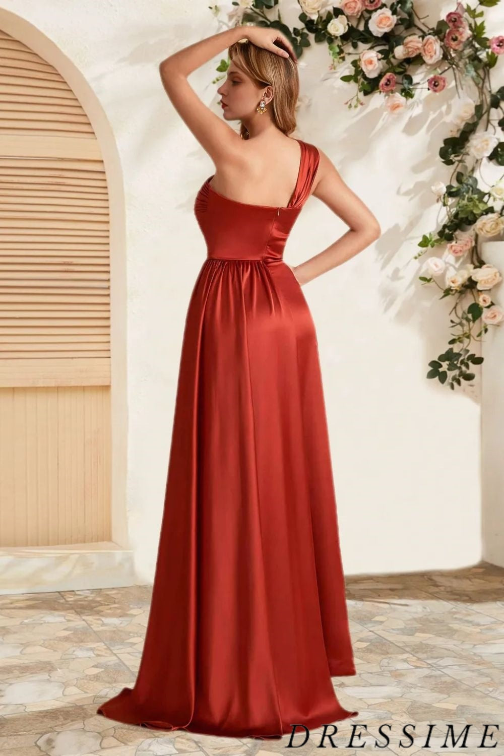 Dressime Unique A Line One Shoulder Long Bridesmaid Dress With Slit dressime