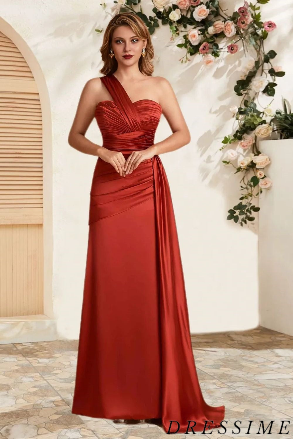 Dressime Unique A Line One Shoulder Long Bridesmaid Dress With Slit dressime