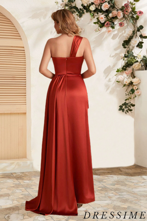 Dressime Unique A Line One Shoulder Long Bridesmaid Dress With Slit dressime