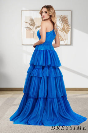 Dressime Unique A Line One Shoulder Tulle Tiered Long Prom Dress With Slit dressime