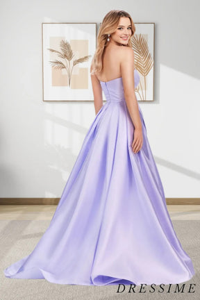 Dressime Unique A Line Strapless Satin Slit Long Prom Dress With Bowknot dressime