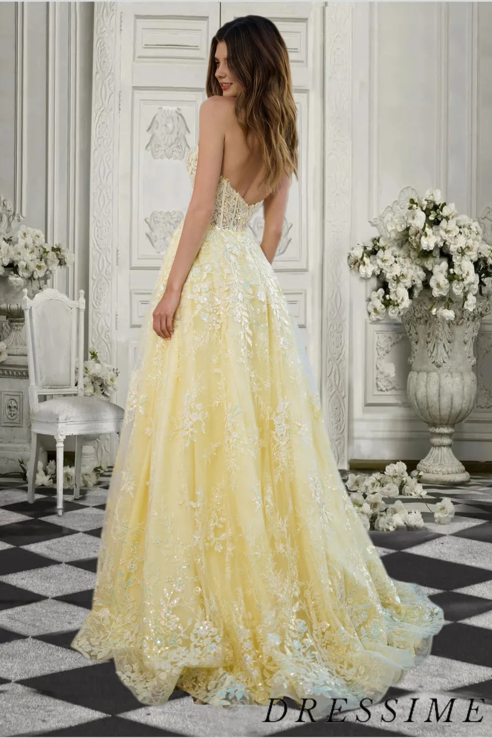 Dressime Unique A Line Sweetheart Tulle Sequin Long Prom Dress With Slit dressime