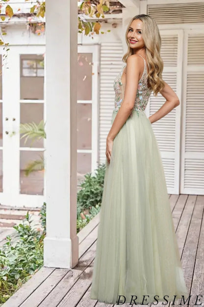 Dressime Unique A Line V Neck Tulle Slit Long Prom Dress With Sequin Appliques dressime