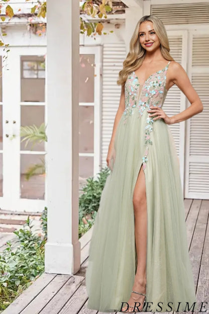 Dressime Unique A Line V Neck Tulle Slit Long Prom Dress With Sequin Appliques dressime