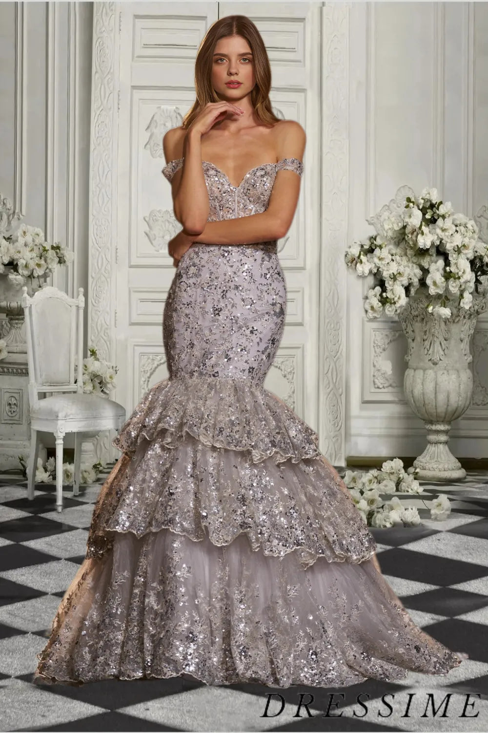 Dressime Unique Mermaid Off The Shoulder Tiered Long Prom Dress Sequin Appliques dressime