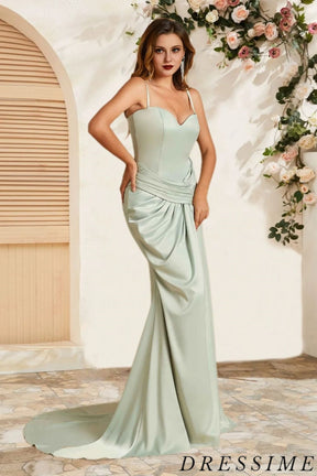 Dressime Unique Mermaid Spaghetti Straps Satin Long Bridesmaid Dress With Pleats dressime