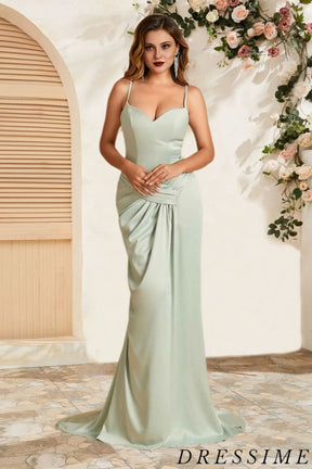 Dressime Unique Mermaid Spaghetti Straps Satin Long Bridesmaid Dress With Pleats dressime