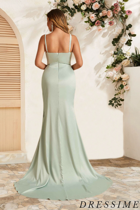 Dressime Unique Mermaid Spaghetti Straps Satin Long Bridesmaid Dress With Pleats dressime