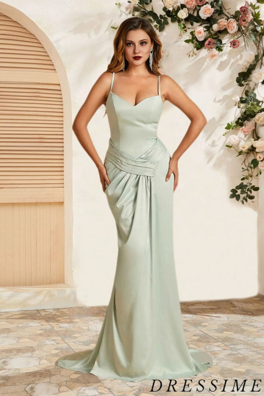 Dressime Unique Mermaid Spaghetti Straps Satin Long Bridesmaid Dress With Pleats dressime