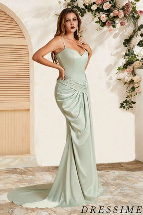 Dressime Unique Mermaid Spaghetti Straps Satin Long Bridesmaid Dress With Pleats dressime