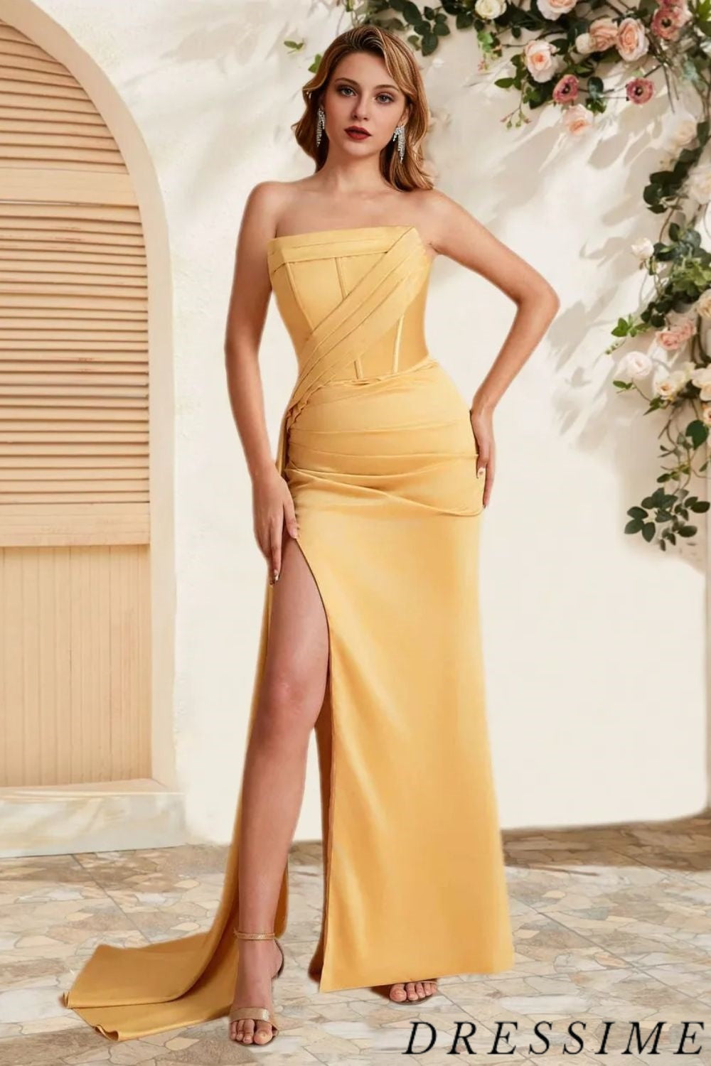 Dressime Unique Mermaid Strapless Satin Long Bridesmaid Dress With Slit dressime