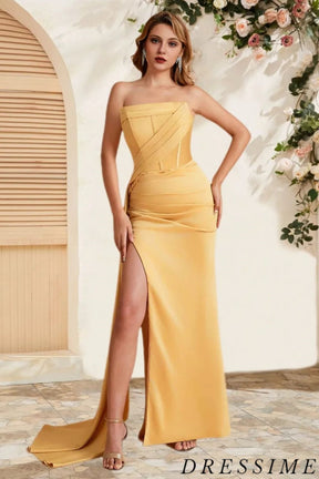 Dressime Unique Mermaid Strapless Satin Long Bridesmaid Dress With Slit dressime