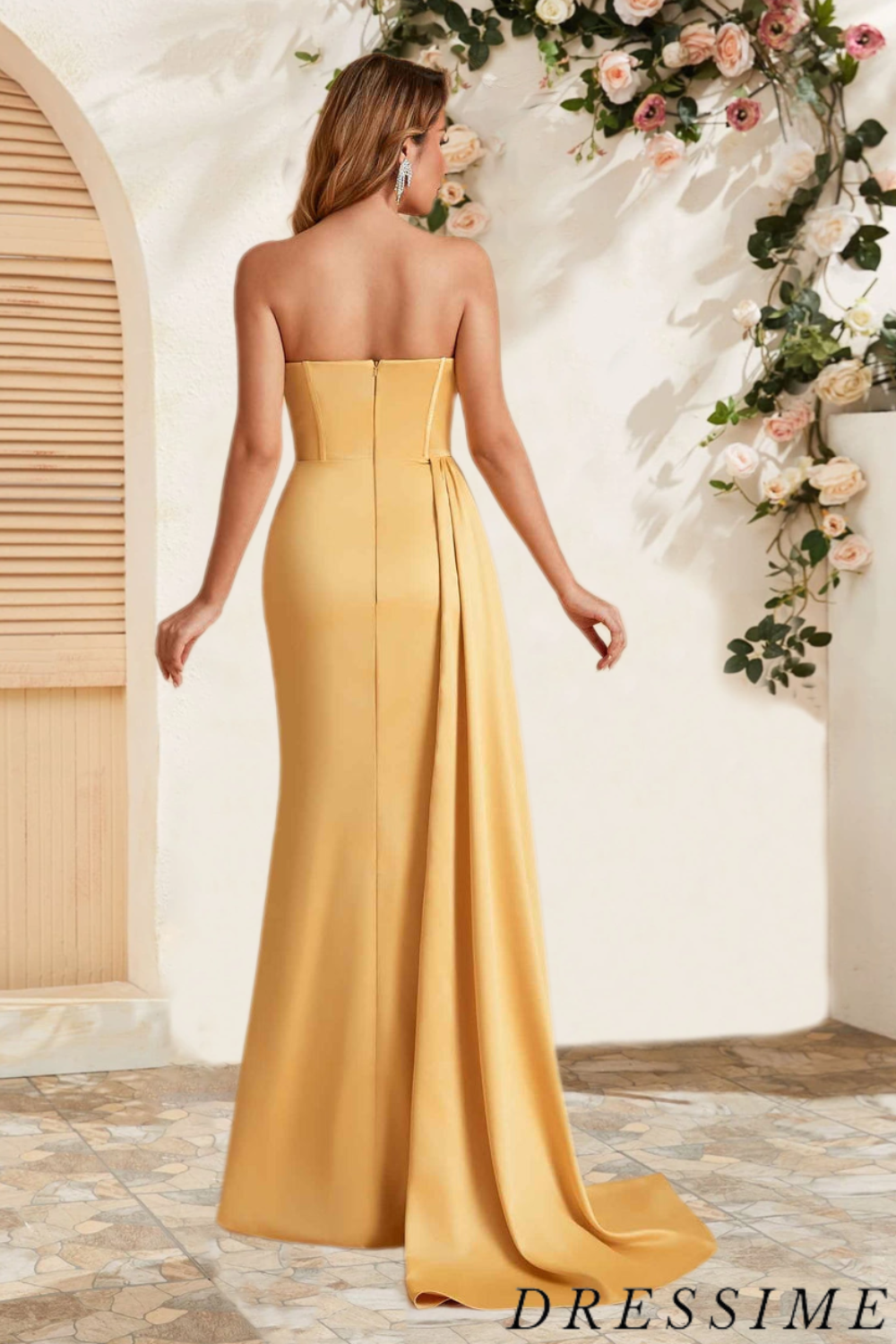 Dressime Unique Mermaid Strapless Satin Long Bridesmaid Dress With Slit dressime