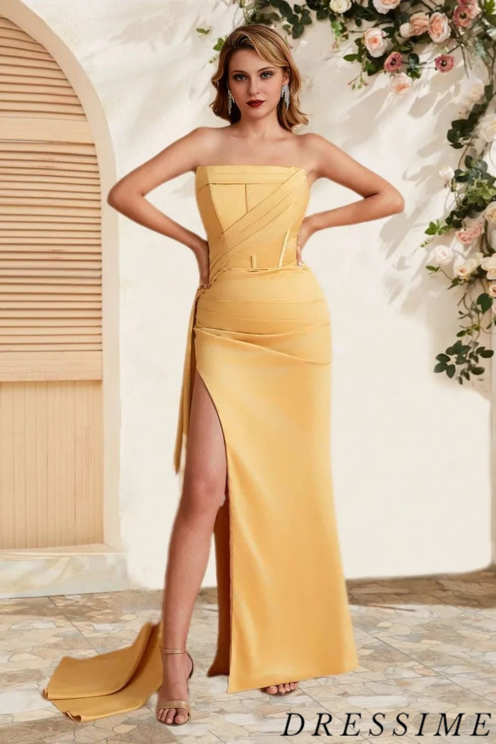 Dressime Unique Mermaid Strapless Satin Long Bridesmaid Dress With Slit dressime