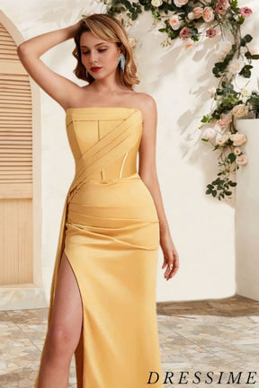 Dressime Unique Mermaid Strapless Satin Long Bridesmaid Dress With Slit dressime