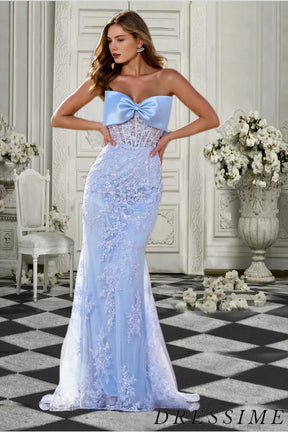 Dressime Unique Mermaid Strapless Tulle Sequin Long Prom Dress with Bowknot dressime