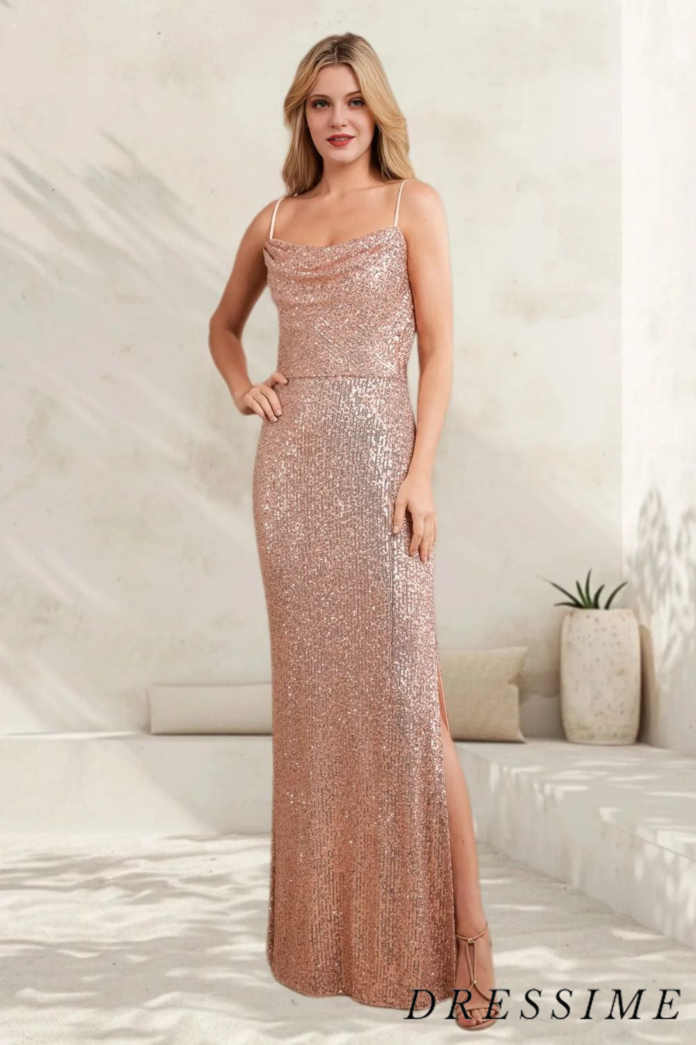 Dressime Unique Sequin Mermaid Spaghetti Straps Long Pink Soft Bridesmaid Dresses with Split dressime