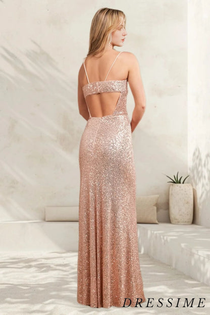 Dressime Unique Sequin Mermaid Spaghetti Straps Long Pink Soft Bridesmaid Dresses with Split dressime