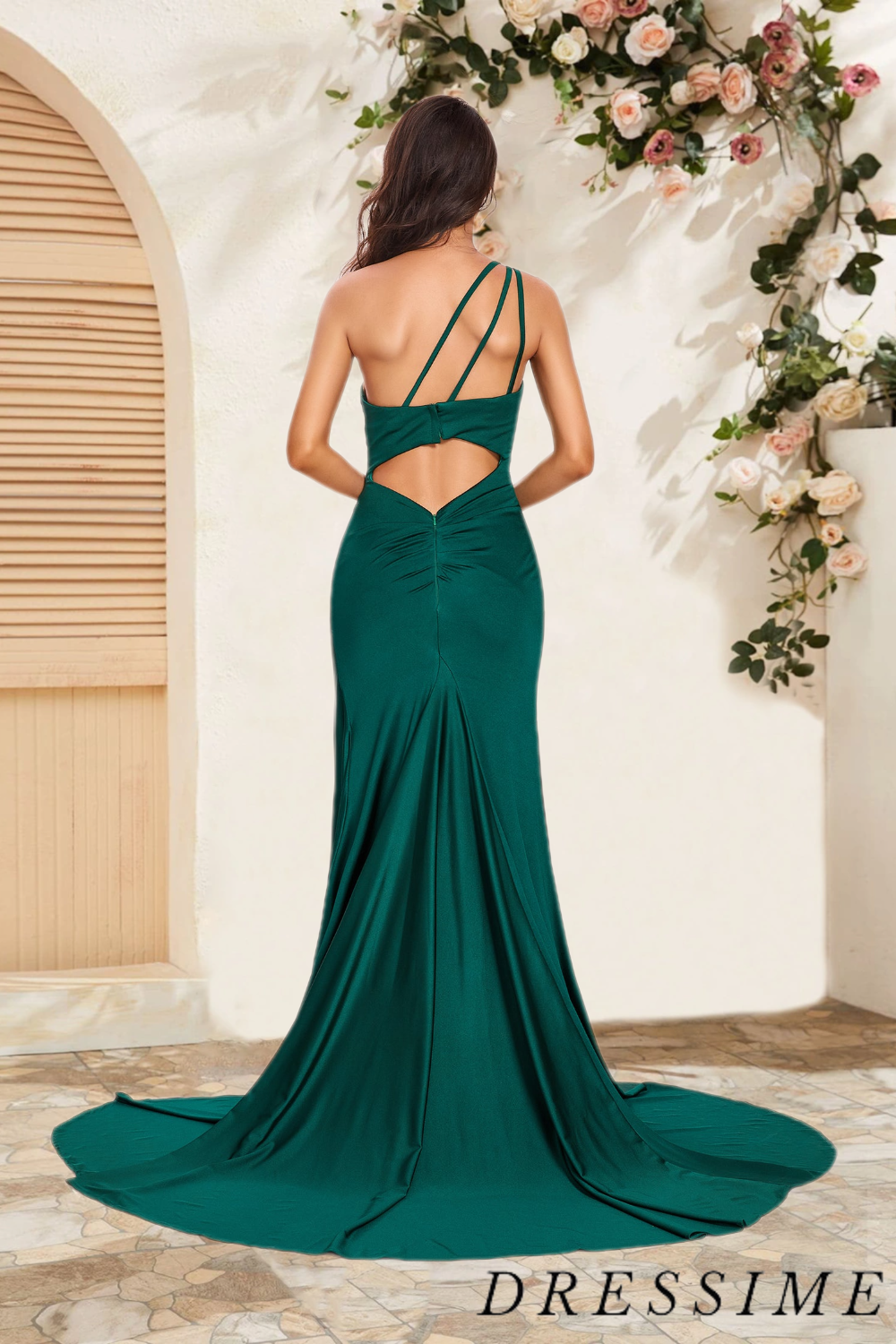 Dressime Unique Sheath One Shoulder Satin Long Bridesmaid Dress With Slit dressime