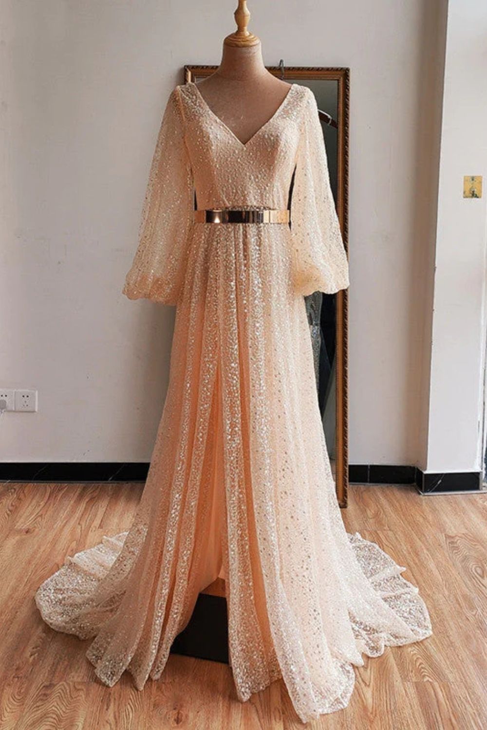 Dressime V Neck Beading Gold Long Sleeve Wedding Dress dressime