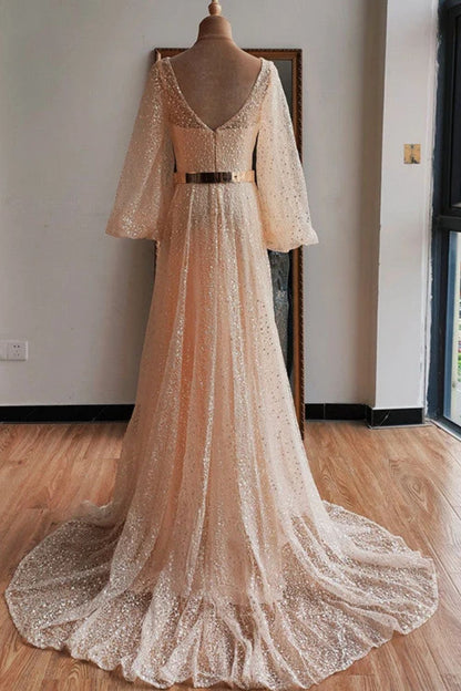 Dressime V Neck Beading Gold Long Sleeve Wedding Dress dressime