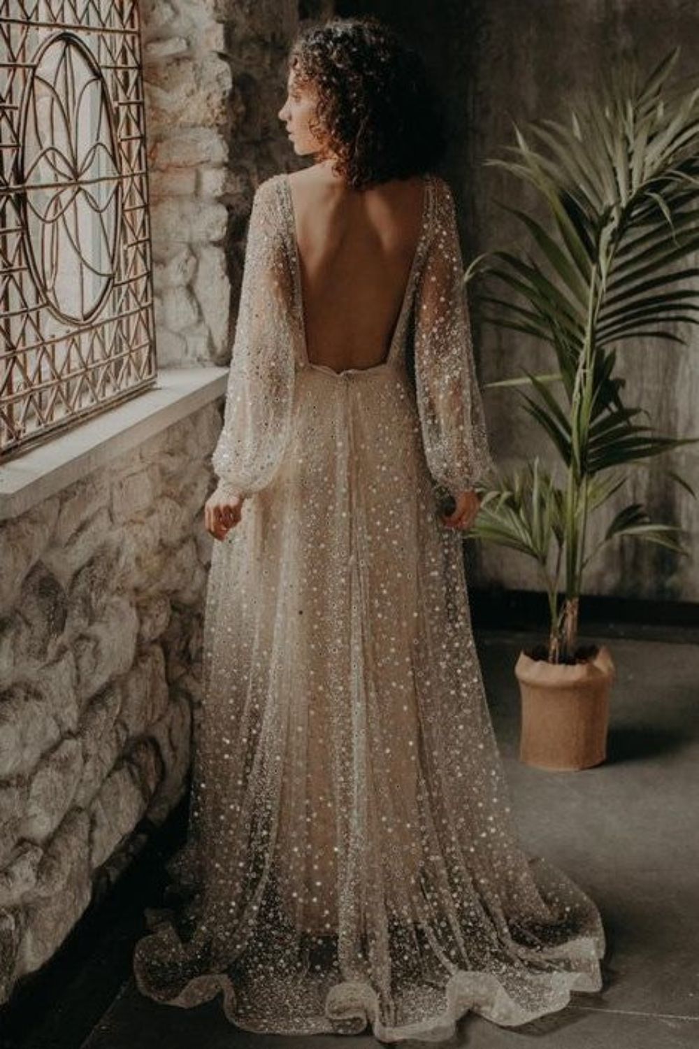 Dressime V Neck Beading Gold Long Sleeve Wedding Dress dressime