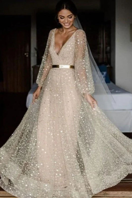 Dressime V Neck Beading Gold Long Sleeve Wedding Dress dressime