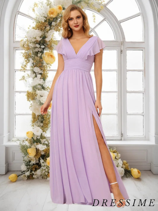 Dressime V Neck Long Gown Chiffon Classic Bridesmaid Dresses dressime