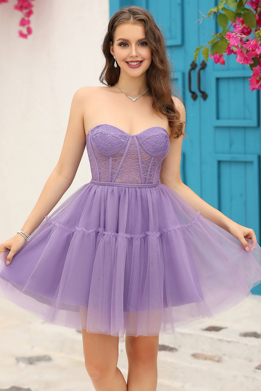 Dressime Vintage A Line Strapless Off the Shoulder Homecoming Dress With Lace Sleeves dressime