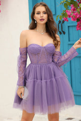 Dressime Vintage A Line Strapless Off the Shoulder Homecoming Dress With Lace Sleeves dressime