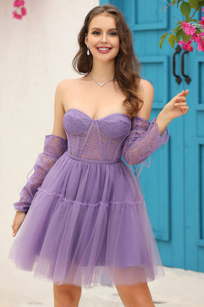 Dressime Vintage A Line Strapless Off the Shoulder Homecoming Dress With Lace Sleeves dressime