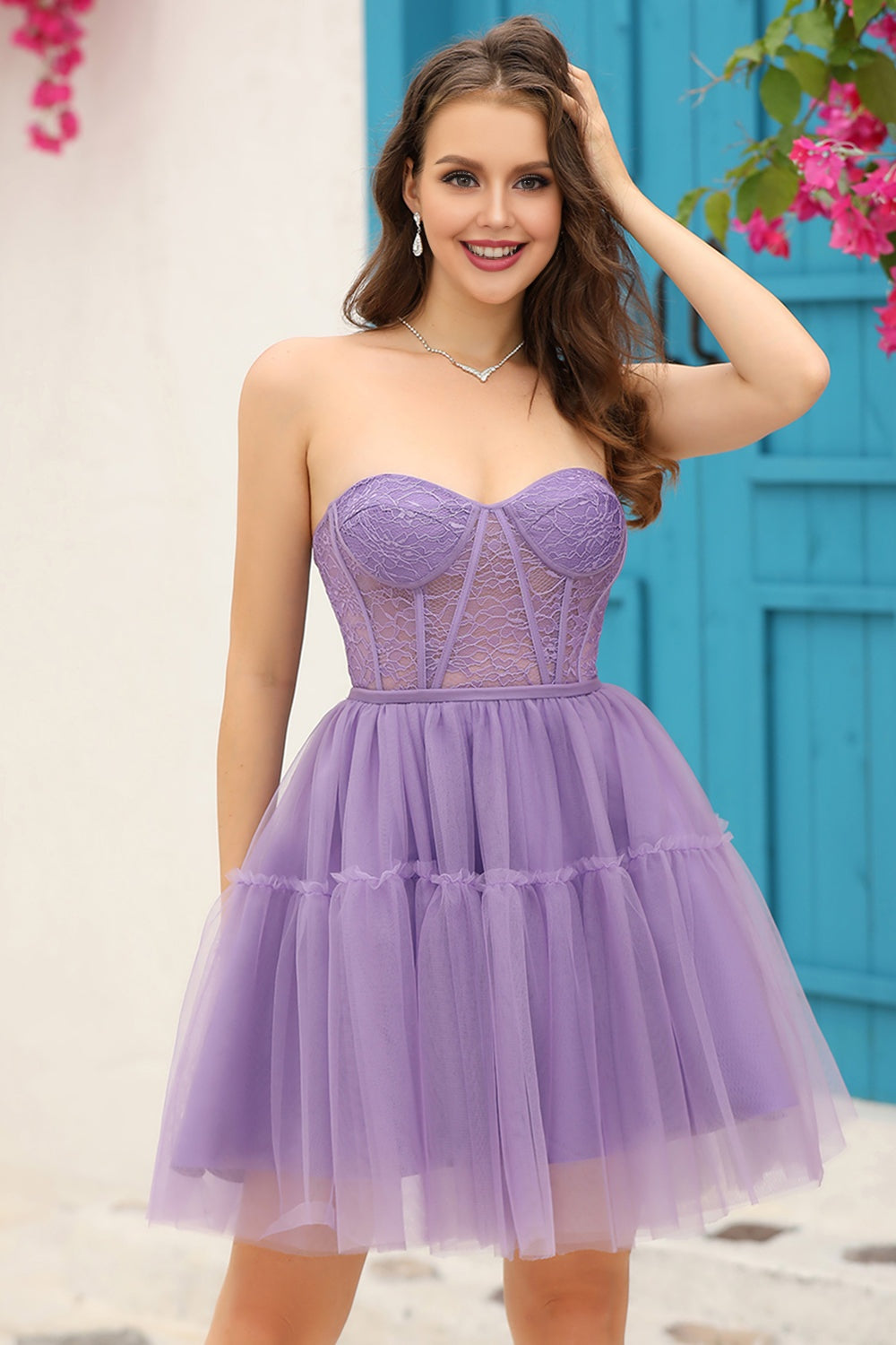 Dressime Vintage A Line Strapless Off the Shoulder Homecoming Dress With Lace Sleeves dressime