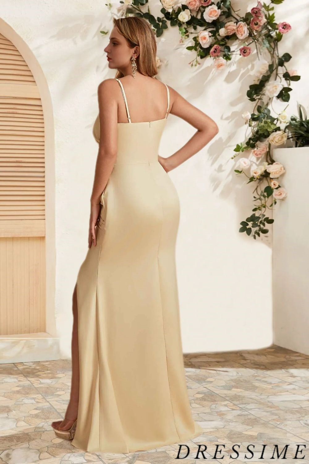 Dressime Vintage Mermaid Spaghetti Straps Satin Long Bridesmaid Dress With Slit dressime