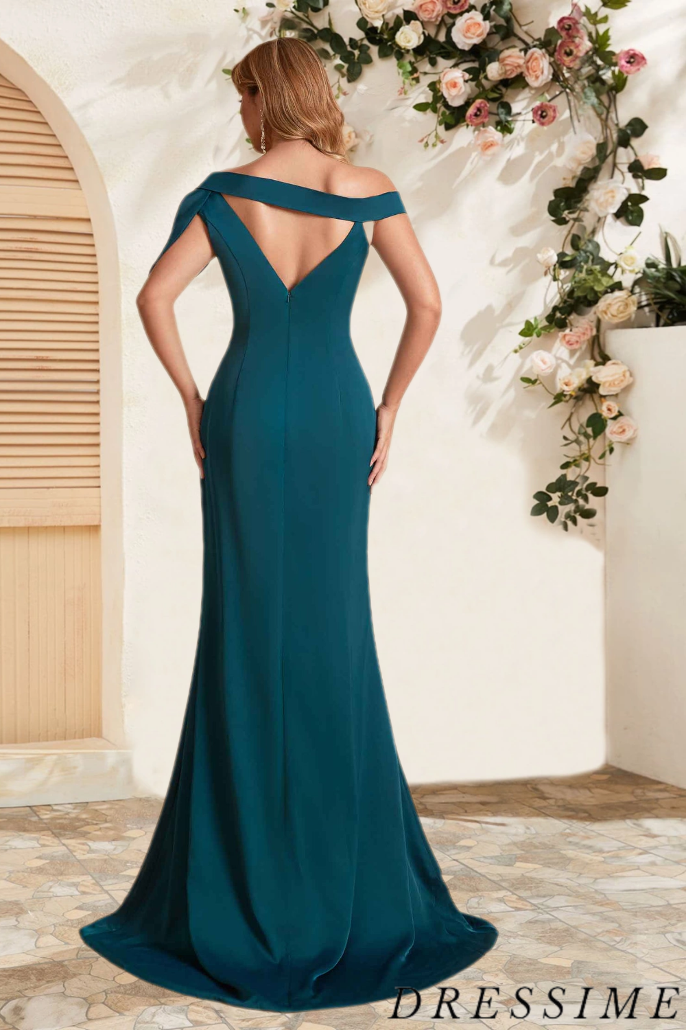 Dressime Vintage Mermaid V Neck Satin Floor Length Bridesmaid Dress With Slit dressime