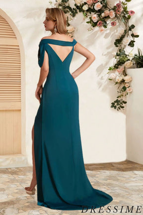 Dressime Vintage Mermaid V Neck Satin Floor Length Bridesmaid Dress With Slit dressime