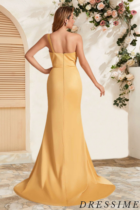 Dressime flowing Mermaid One Shoulder Long Bridesmaid Dress With Slit dressime