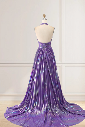 Dressime A-Line Halter Satin Slit Long Prom Dress with Rhinestones
