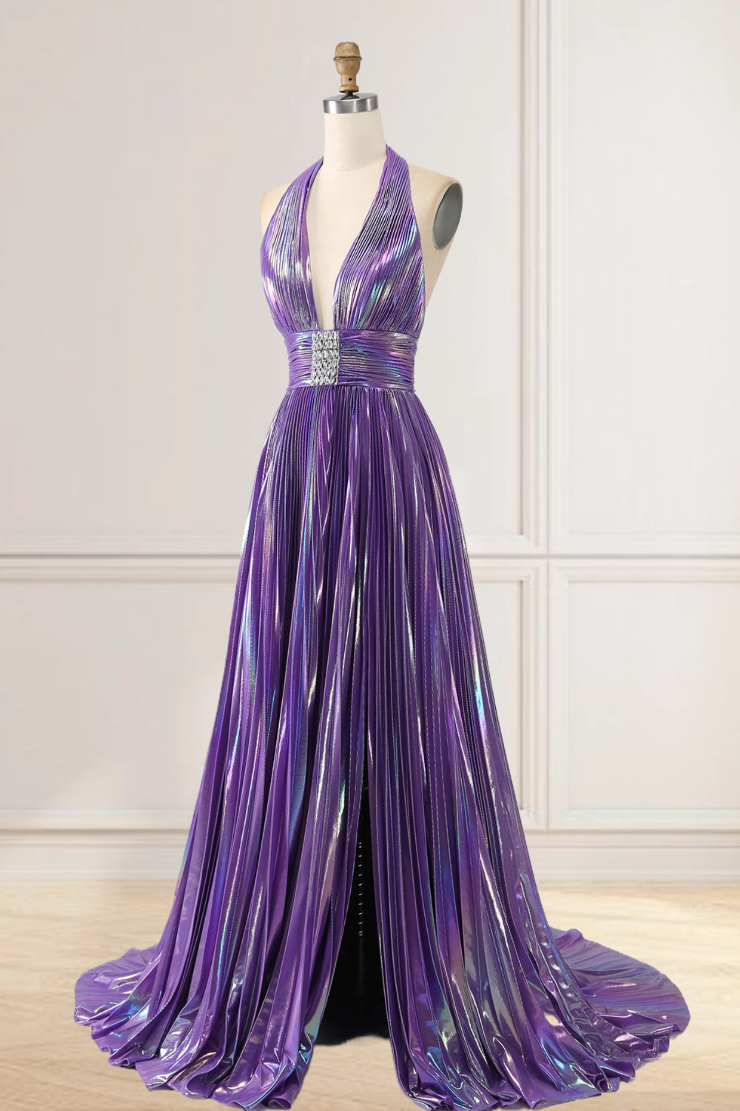 Dressime A-Line Halter Satin Slit Long Prom Dress with Rhinestones