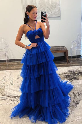 Dressime A-Line Halter keyhole Tulle Tiered Long Prom Dress