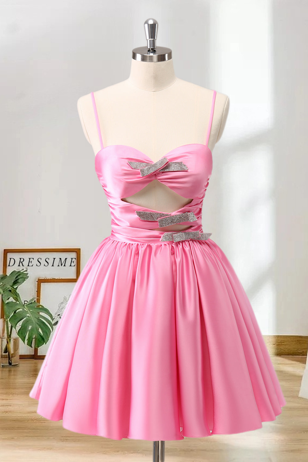 Dressime A-Line Spaghetti Straps Satin Pleated Homecoming Dress with Keyhole