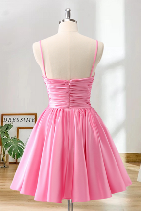 Dressime A-Line Spaghetti Straps Satin Pleated Homecoming Dress with Keyhole