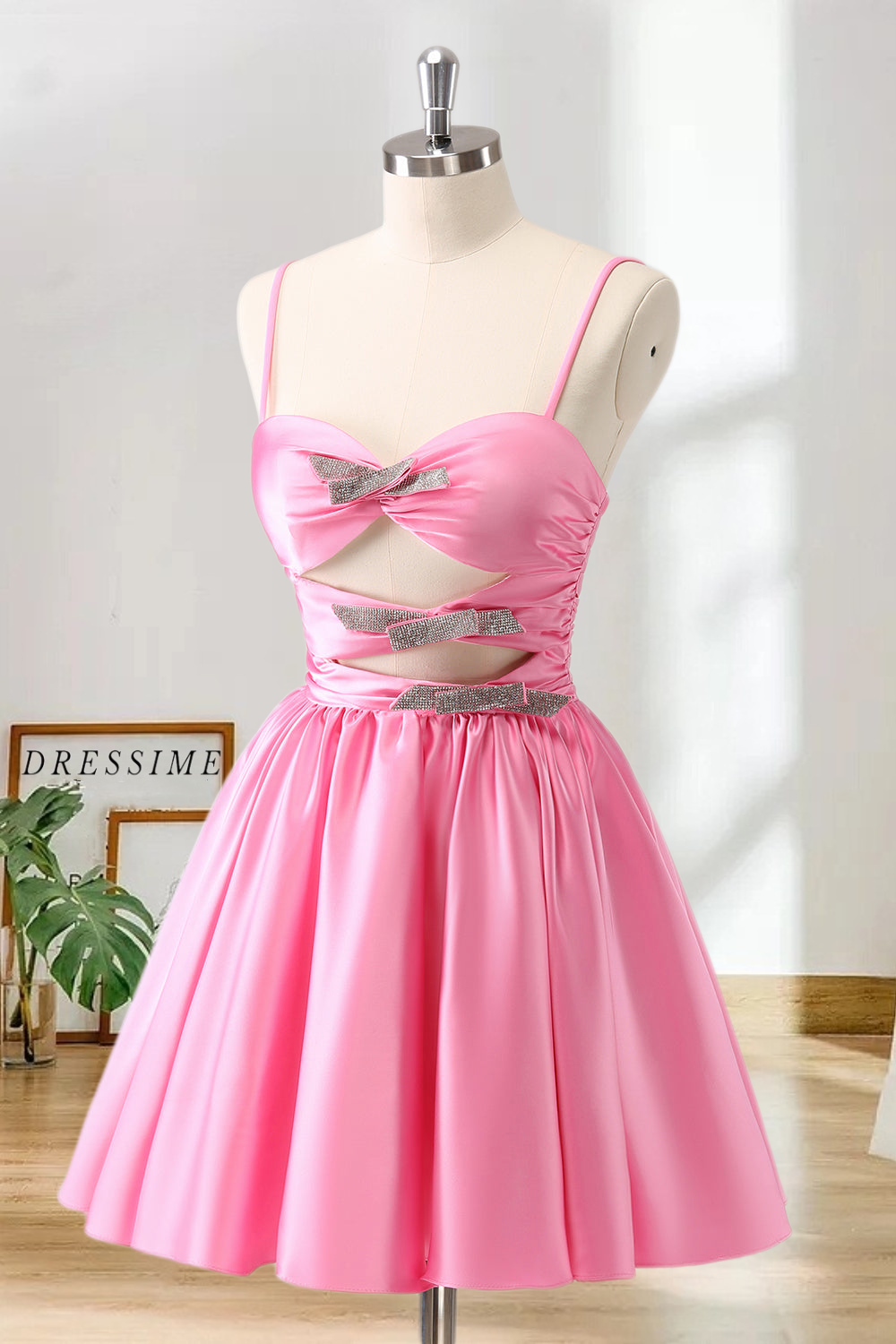 Dressime A-Line Spaghetti Straps Satin Pleated Homecoming Dress with Keyhole