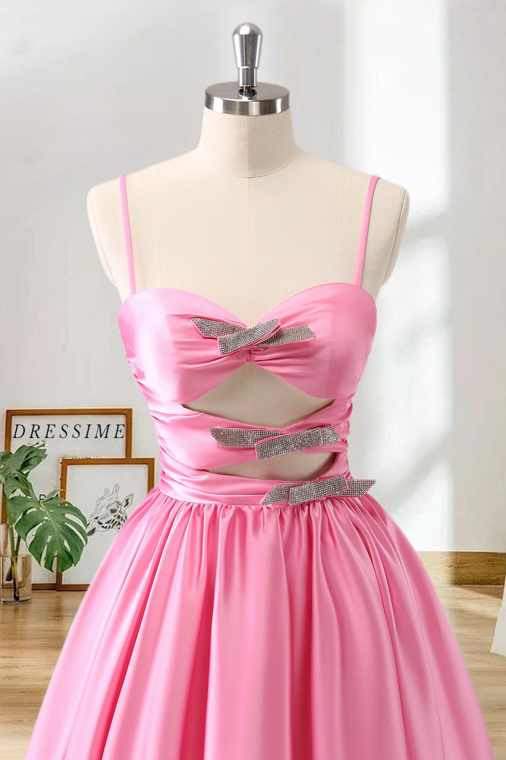 Dressime A-Line Spaghetti Straps Satin Pleated Homecoming Dress with Keyhole