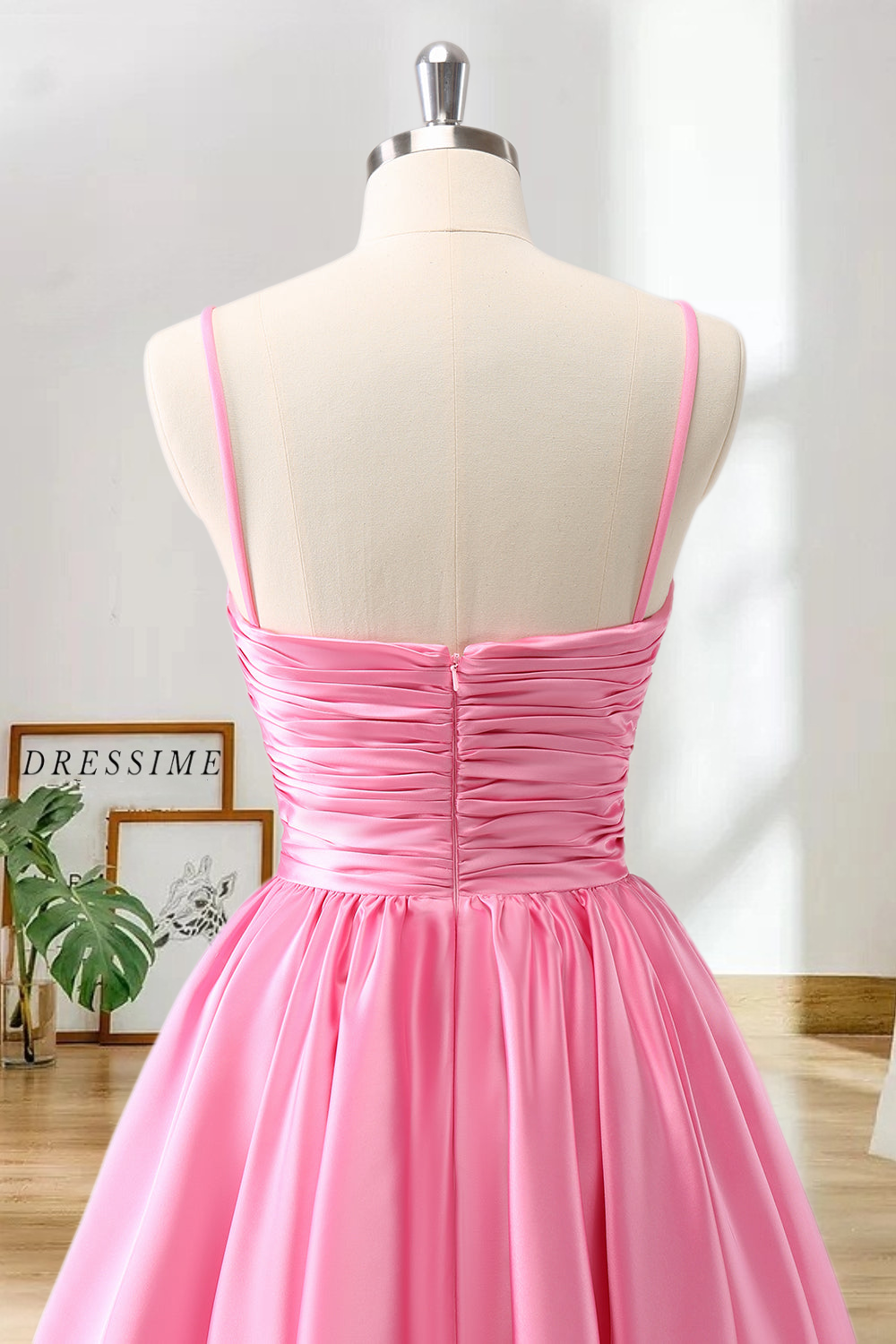 Dressime A-Line Spaghetti Straps Satin Pleated Homecoming Dress with Keyhole