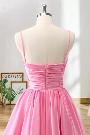 Dressime A-Line Spaghetti Straps Satin Pleated Homecoming Dress with Keyhole