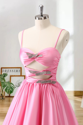 Dressime A-Line Spaghetti Straps Satin Pleated Homecoming Dress with Keyhole