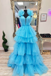 Dressime A-Line Straps Tulle Tiered Ruffle Long Prom Dress