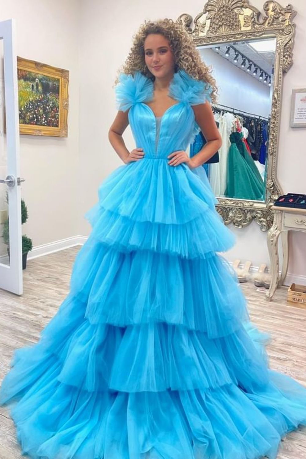 Dressime A-Line Straps Tulle Tiered Ruffle Long Prom Dress